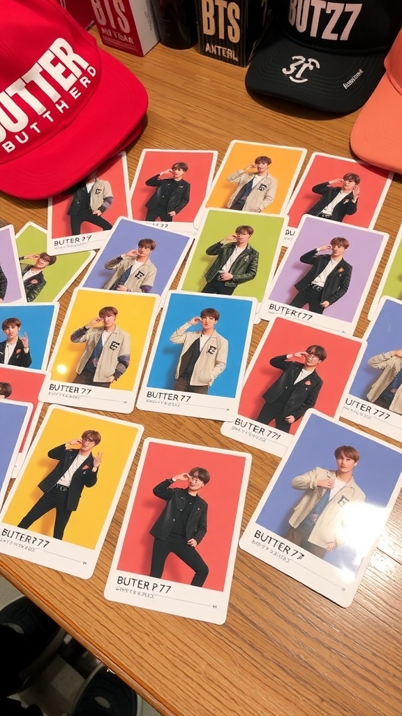 A collection of Butter 777 photocards featuring BTS members, displayed on a wooden table.